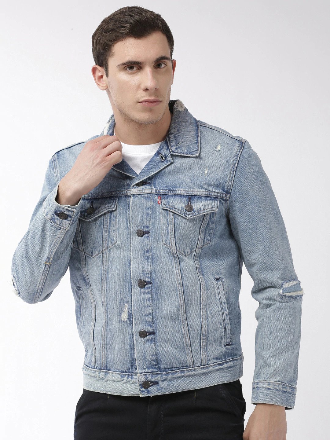 Blue Solid Washed Denim Trucker Jacket 1