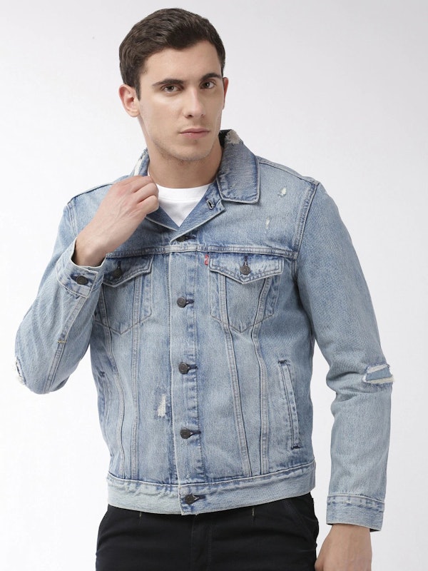 Blue Solid Washed Denim Trucker Jacket 1