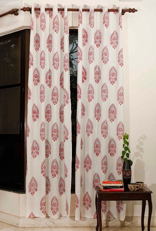 Ivory Red Handblock Cotton Curtains 1