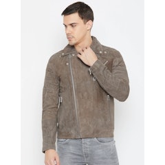 Grey Solid Asymmetric Closure Suede Leather Jacket