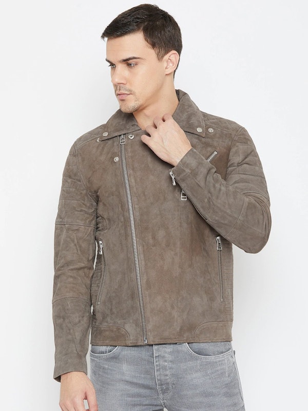 Grey Solid Asymmetric Closure Suede Leather Jacket 1