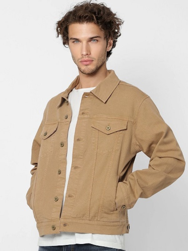 Men Beige Solid Overdyed Denim Jacket 1