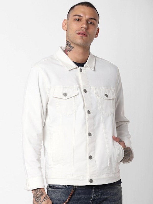 Men White Solid Denim Jacket 1