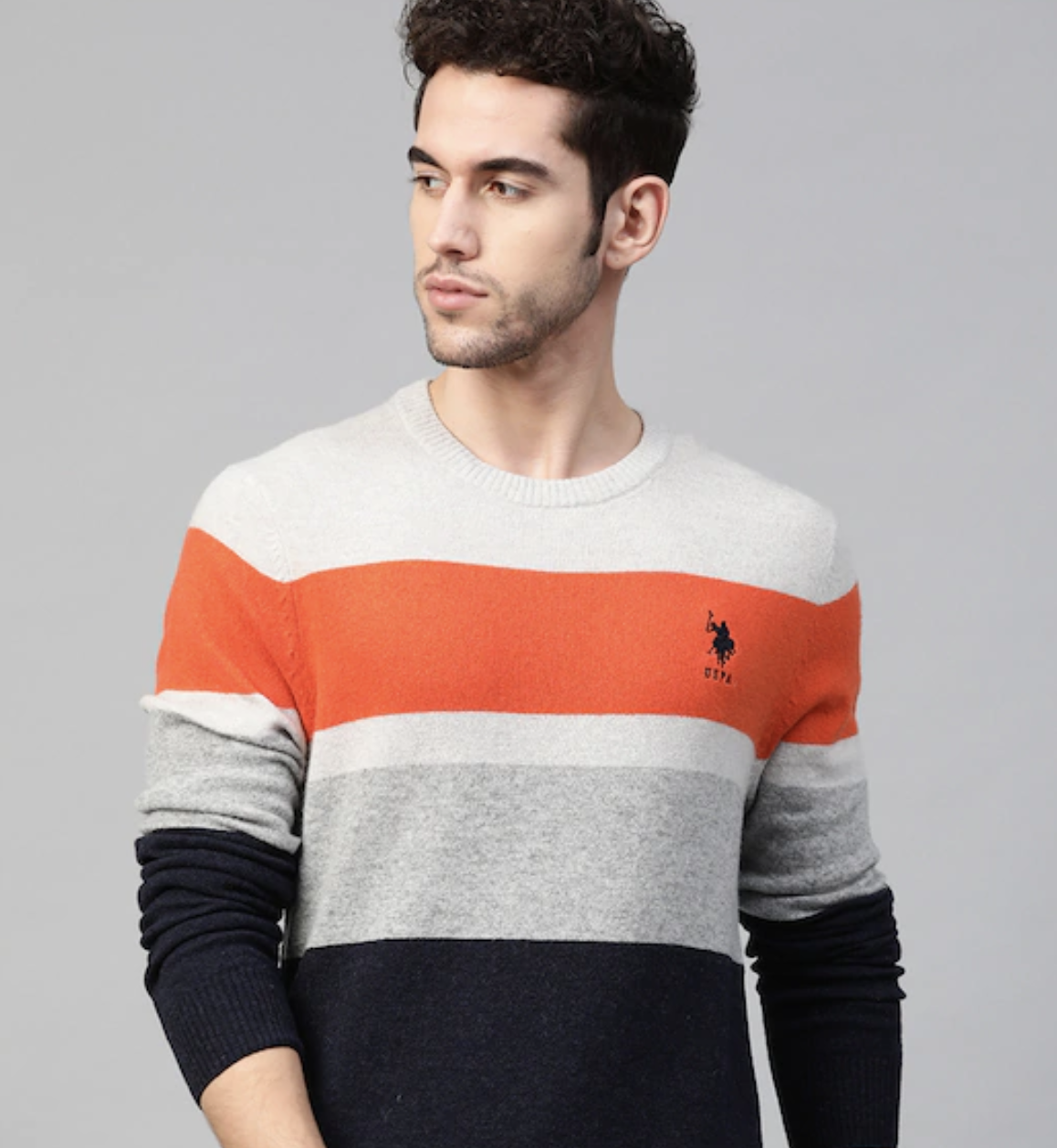 Men Navy Blue & Grey Striped Pullover 1