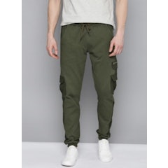 Men Olive Green Solid Pure Cotton Cargo Style Joggers