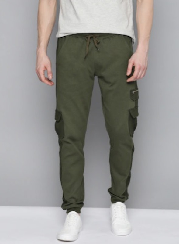 Men Olive Green Solid Pure Cotton Cargo Style Joggers 1
