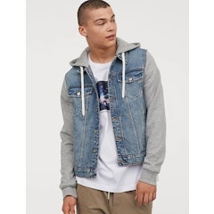 Men Blue & Grey Hooded Denim Jacket
