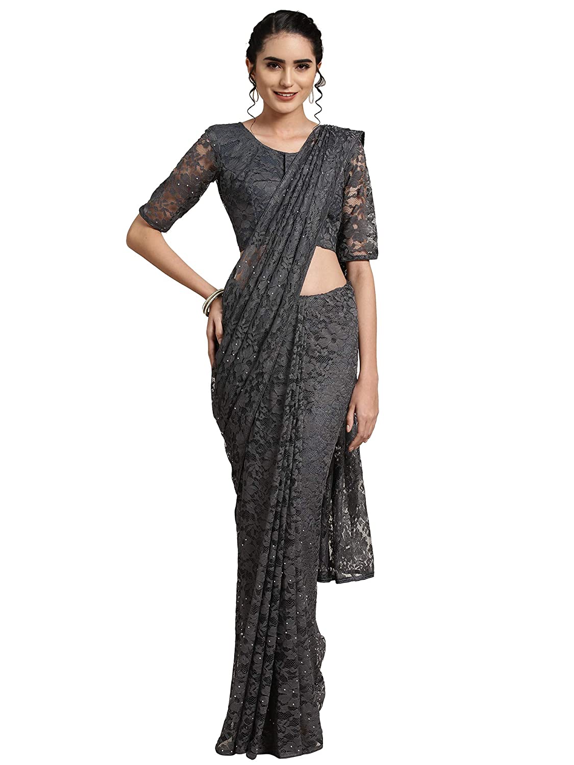 Women's Plain Weave Lycra Saree With Unstitched Blouse Piece 1