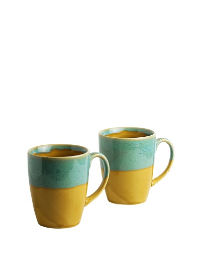 Set of 2 Yellow & Blue River Rims Glazed Ceramic Mugs 1