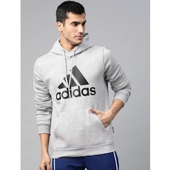 Men Grey Melange & Black Fleece Hoodie