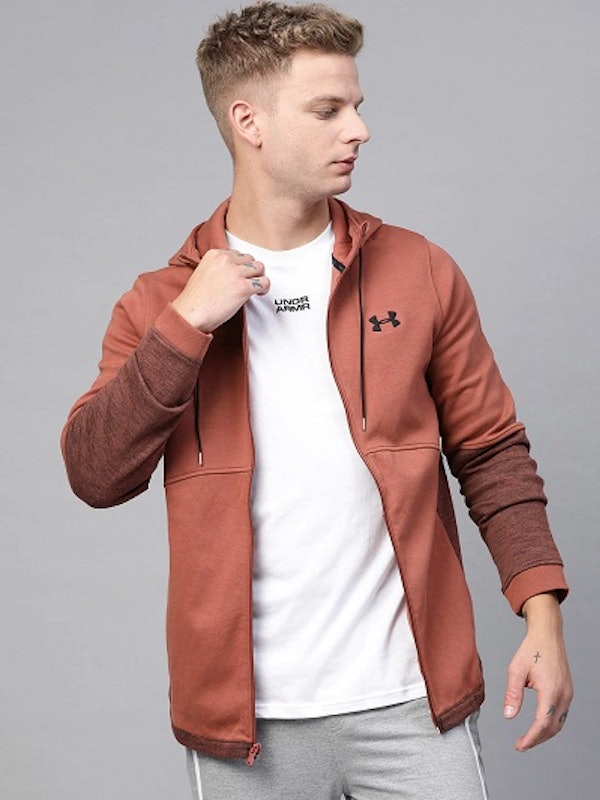 Men Rust Red Solid Zip Hoodie 1