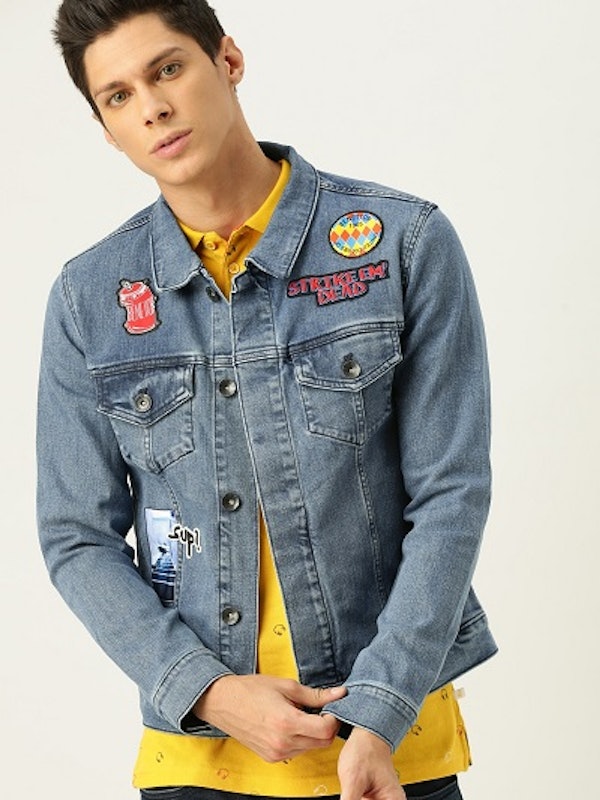 Men Blue Solid Denim Jacket 1