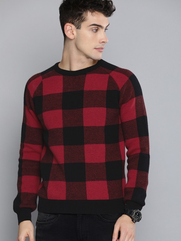 Men Red & Black Checked Pullover Sweater 1