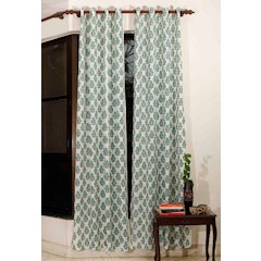 Aqua Teal Handblock Cotton Curtains