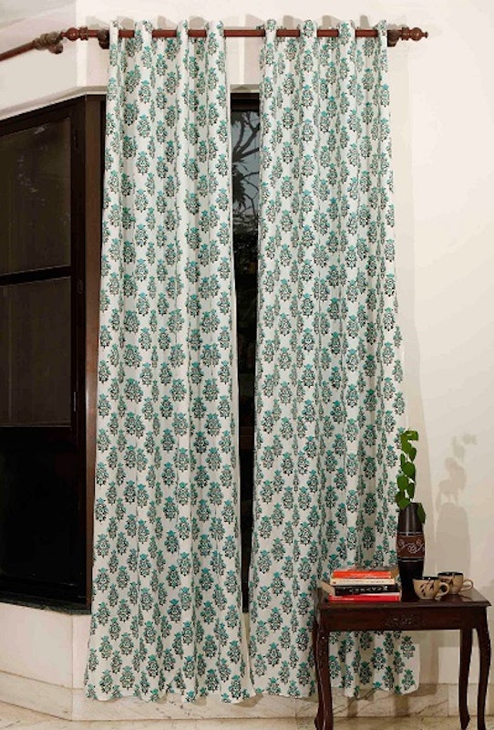 Aqua Teal Handblock Cotton Curtains 1