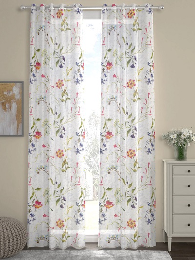 White & Red Floral Print Set of 2 Door Curtains 1