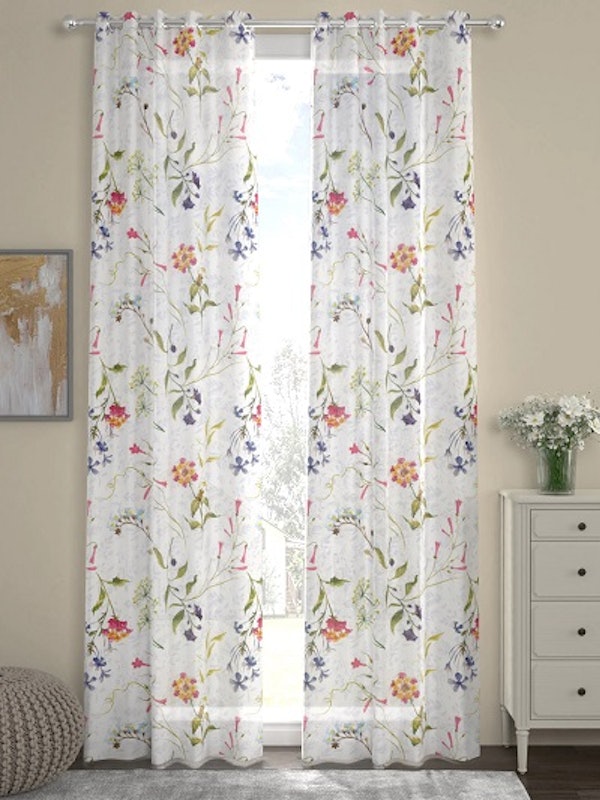 White & Red Floral Print Set of 2 Door Curtains 1